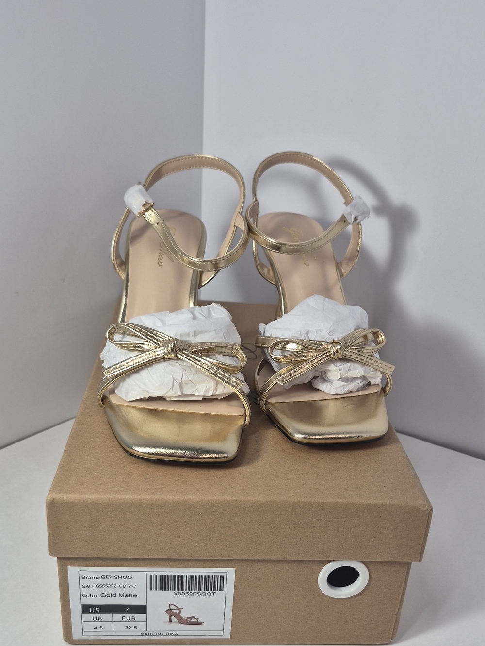 GENSHUO Gold Strappy Bow Block Heel Sandals